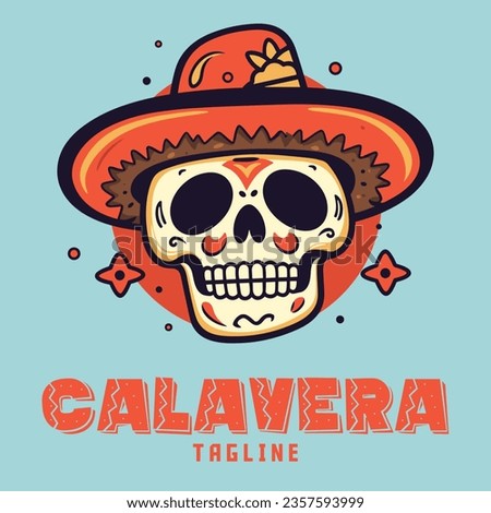 Doodle-style illustration of a cute skull with a Mexican hat, serving as a cartoon logo for a Calavera mascot