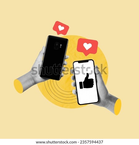 mobile phone, hand with cell phone, share social networks, like, like, sharing likes, interaction between cell phones, symbol, hearts, interaction in social networks, concept, collage art Royalty-Free Stock Photo #2357594437