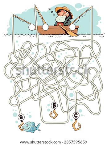 Elderly man fishing. Children logic game to pass the maze. Educational game for kids. Attention task. Choose right path. Funny cartoon character. Worksheet page. Vector illustration Royalty-Free Stock Photo #2357595659