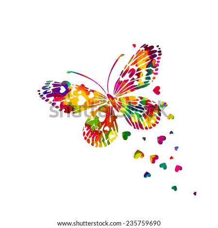 Colorful abstract watercolor butterfly with hearts on a white background. Valentine's Day.  Vector 