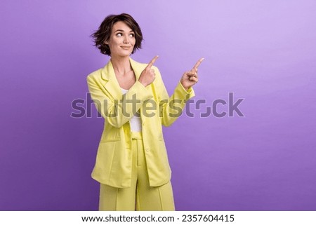 Photo of beautiful lady wear formal lime suit point fingers empty space interesting proposition deal isolated on purple color background