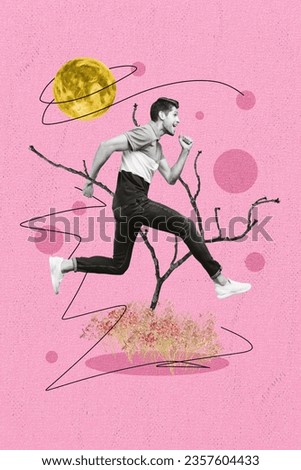 Picture image collage of positive cheerful guy running fast flying air isolated on drawing pink color background