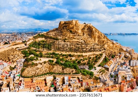 Santa Barbara Castle aerial panoramic view. Santa Barbara Castle is a fort stands on Mount Benacantil in the center of Alicante, Spain.