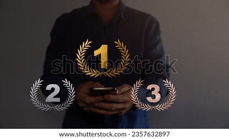 Podium for first, second, third place with laurel, number and text. Gold, silver and bronze ranks on stage on red curtain background. Championship in sport or movie vector illustration. Royalty-Free Stock Photo #2357632897