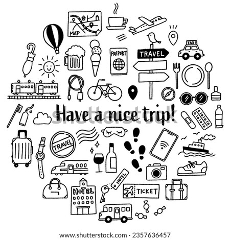 Simple and cute hand drawn travel illustration set (monochrome)