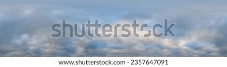 Dramatic overcast sky panorama with dark gloomy Cumulonimbus clouds. HDR 360 seamless spherical panorama. Sky dome in 3D, sky replacement for aerial drone panoramas. Climate and weather change. Royalty-Free Stock Photo #2357647091