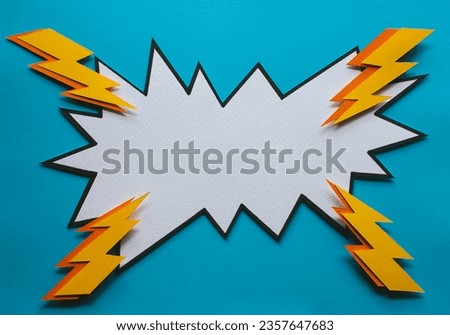 Handmade paper cutout pop art comic background with speech bubble. Cartoon flat style. In yellow and blue color. Lightning. Concept for Black Friday or Cyber Monday.  Royalty-Free Stock Photo #2357647683
