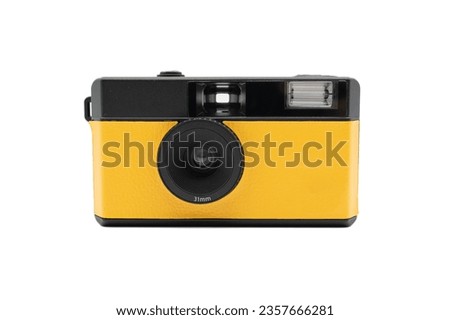 film camera. Vintage camera. Minimal hipster summer trend. Retro design camera isolated on white background with Clipping Path. Summertime concept. Trendy fashionable film camera, creative pop art.