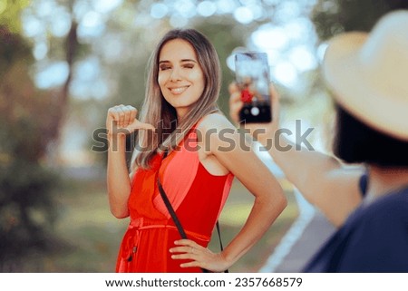 
Confident Woman Posing for a Social Media Post. Cool digital diva making a live stream with confidence in the park
