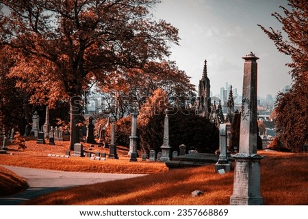 colored picture of cemetery. reddish lighting