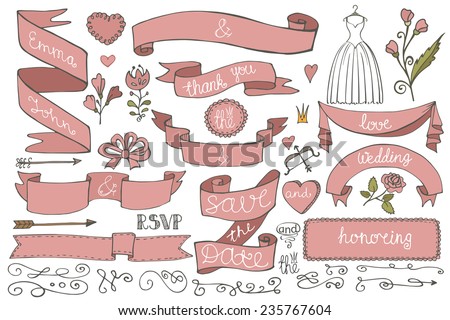 Doodles swirl border,arrow,heart,ribbon,flower,love decor elements set.For design template,invitation,save date,RSVP.Hand drawing style.Wedding,Valentine ,bridal shower Vector