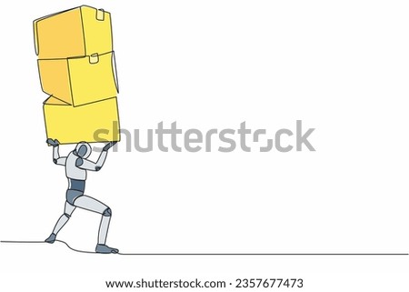 Single continuous line drawing of tired robot carrying heavy pile of box on his back. Overworked cyborg with stack of cardboard. Humanoid robot cybernetic organism. One line design vector illustration Royalty-Free Stock Photo #2357677473
