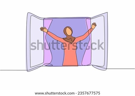 Single continuous line drawing happy Arab woman doing stretching and look out of window. Welcome new day and breathe fresh air. Enjoy sunny weekend at home. One line graphic design vector illustration