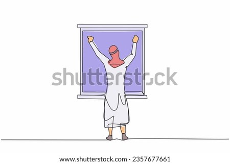 Single continuous line drawing back view relaxed Arabian man stretching arms in window after good night sleep. Good morning concept. Male standing at window. One line draw design vector illustration