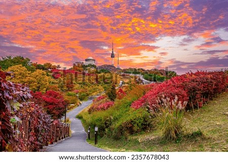 Namsan Seoul Tower castle wall during autumn leaves, taken in Seoul, South Korea. Royalty-Free Stock Photo #2357678043