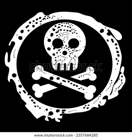 White stamp with skull on a black background drawn by hand