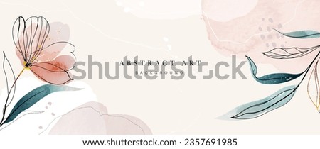 Abstract art background vector. Luxury minimal style wallpaper with line art floral and foliage, gold glitter, watercolor texture. Vector background for banner, poster, wedding card, decoration.