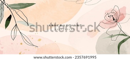 Abstract art background vector. Luxury minimal style wallpaper with line art floral and foliage, gold glitter, watercolor texture. Vector background for banner, poster, wedding card, decoration.