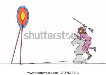 Single continuous line drawing of competitive businesswoman holding dart arrow and aiming target while riding horse chess piece. Success worker achievement. One line graphic design vector illustration