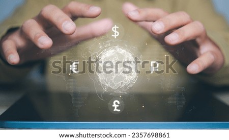 Global currency exchange and forex. Businessman with global currency icon (dollar, euro, pound, and ruble). Currency exchange and global currencies concept.