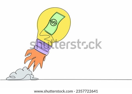Single one line drawing banknote launching with light bulb. Fast money on a rocket. Spending money or wasteful. The concept of cashless society. Continuous line draw design graphic vector illustration