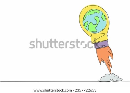 Single one line drawing of globe launching with light bulb. Startup travel world business acceleration. Future company and strategy planning concept. Continuous line design graphic vector illustration