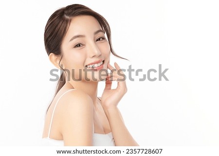 Beautiful smile of young woman with healthy white teeth on white background, Dental care. Dentistry concept.