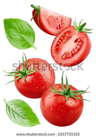 Flying tomato with basil leaves isolated on white background. Tomato collection with clipping path Royalty-Free Stock Photo #2357735105