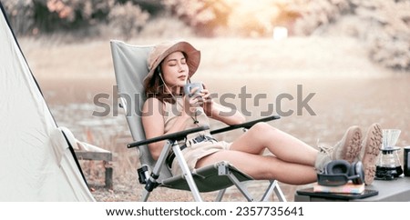 Happy asian woman travel and camping alone. Recreation and journey outdoor activity lifestyle. 