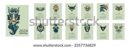 Calendar 2024 A4 with dragons head. Dragons calendar. Week start from Sunday. Vector illustration. Calendar with dragon heads.