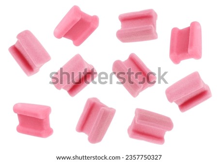 Many bubble gum pillows falling on white background Royalty-Free Stock Photo #2357750327