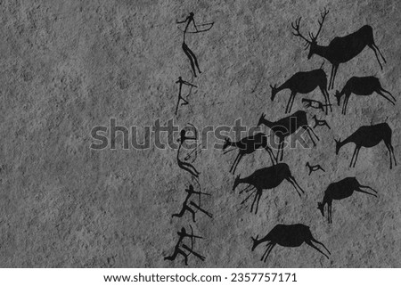 Cave art seamless pattern made of ancient wild animals, horses and hunters. Rock paintings. Hunting scenes. palaeolithic Petroglyphs carved in rocks. Stones with petroglyphs. people get food