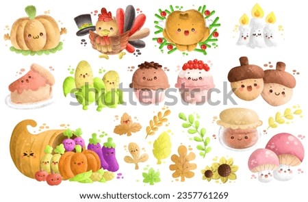 Thanksgiving-themed illustration work. Cornucopia filled veggies, a Turkey, and Thanksgiving spread are here in cute items. Thanksgiving day fall clip art. Turkey sticker images.Corn and pumpkin.
