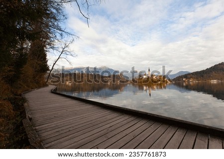 Lake Bled Reflections and Sunset Time in the Julian Alps, Autumn Season European Alps, Bled Radovljica, Slovenia Royalty-Free Stock Photo #2357761873