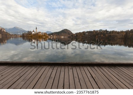 Lake Bled Reflections and Sunset Time in the Julian Alps, Autumn Season European Alps, Bled Radovljica, Slovenia Royalty-Free Stock Photo #2357761875