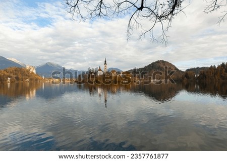 Lake Bled Reflections and Sunset Time in the Julian Alps, Autumn Season European Alps, Bled Radovljica, Slovenia Royalty-Free Stock Photo #2357761877