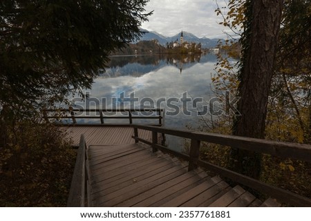 Lake Bled Reflections and Sunset Time in the Julian Alps, Autumn Season European Alps, Bled Radovljica, Slovenia Royalty-Free Stock Photo #2357761881