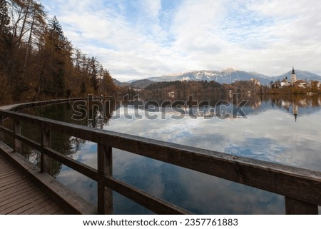Lake Bled Reflections and Sunset Time in the Julian Alps, Autumn Season European Alps, Bled Radovljica, Slovenia Royalty-Free Stock Photo #2357761883
