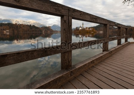 Lake Bled Reflections and Sunset Time in the Julian Alps, Autumn Season European Alps, Bled Radovljica, Slovenia Royalty-Free Stock Photo #2357761893