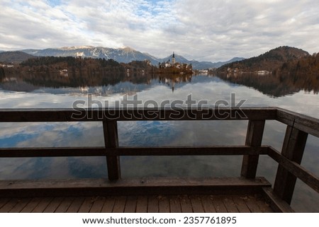 Lake Bled Reflections and Sunset Time in the Julian Alps, Autumn Season European Alps, Bled Radovljica, Slovenia Royalty-Free Stock Photo #2357761895
