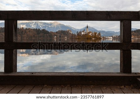 Lake Bled Reflections and Sunset Time in the Julian Alps, Autumn Season European Alps, Bled Radovljica, Slovenia Royalty-Free Stock Photo #2357761897