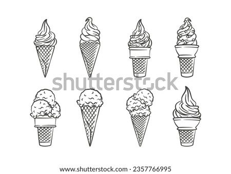Ice cream cone collection line art sketch illustration. Coloring page hand drawn vector