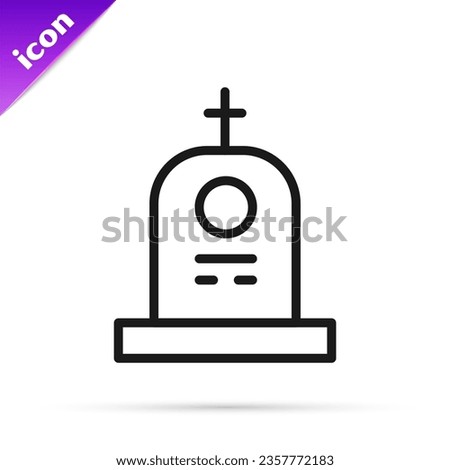Black line Grave with tombstone icon isolated on white background.  Vector