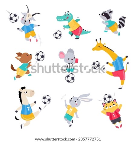 Funny Animal Characters Playing Football Wearing Uniform Passing Ball Vector Set