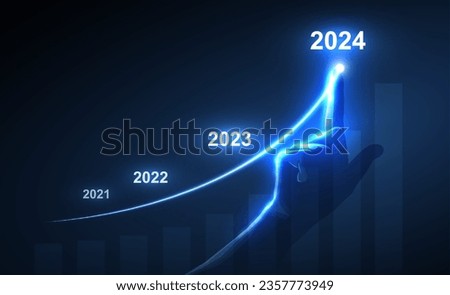 Neon growth 2024 line with polygonal touch hand on blue background. Great design for any purposes. New year growth, business success, digital tech, financial technology concept