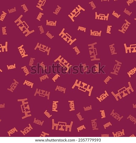 Brown line French cafe icon isolated seamless pattern on red background. Street cafe. Table and chairs.  Vector