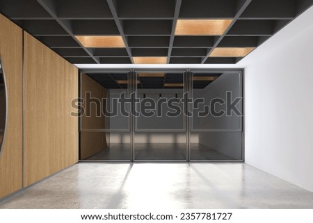 modern empty office interior with window on black background Royalty-Free Stock Photo #2357781727
