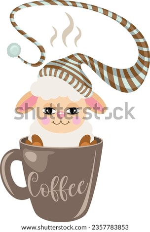 Sleepy sheep with sleeping hat inside cup of coffee

