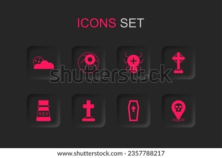 Set Tombstone with cross, Eye, Moon and stars, Coffin christian, Skull, Spider and Bottle potion icon. Vector