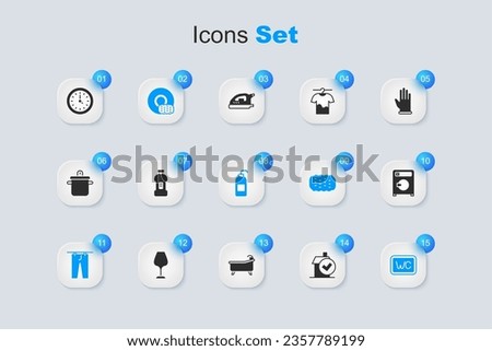 Set Home cleaning service, Bottle for detergent, Washing dishes, Drying clothes, Toilet, Washer, Clock and Antibacterial soap icon. Vector